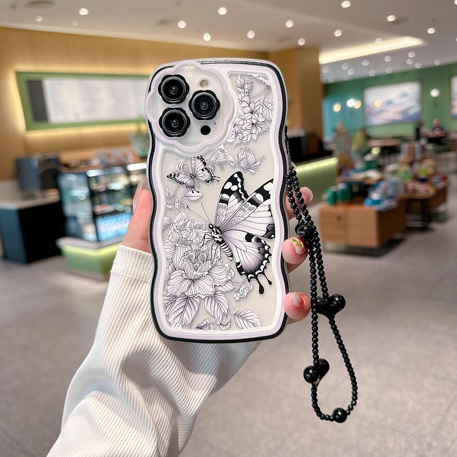 Compatible with iPhone 13 Pro max Cases, Cute Wave Border, Flower, Butterfly Design Pattern, with Loveable Bracelet,Soft,eco-Friendly,Durable TPU Material,Suitable for Women and Girls - Image 2