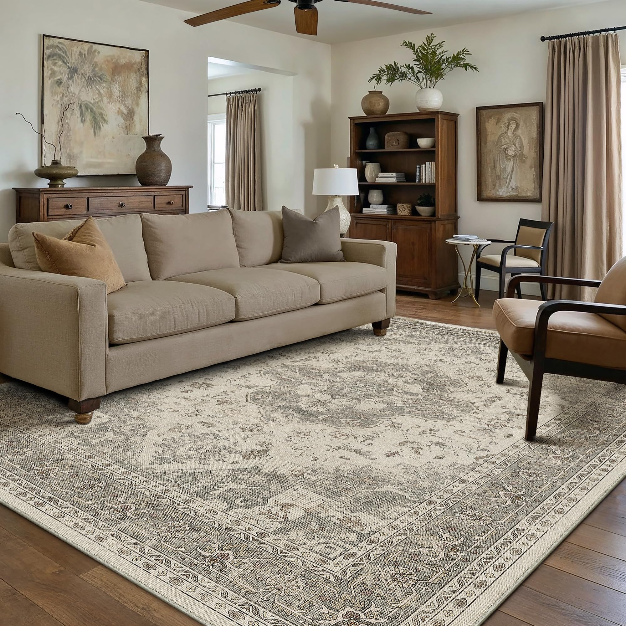 PureCozy Vintage Beige Grey Rugs Living Room Area Rug 160x230cm Bedroom Large Washable Non Slip Soft Carpet Bedroom Dining Room Office Kitchen Indoor Low Pile Carpets — image 1