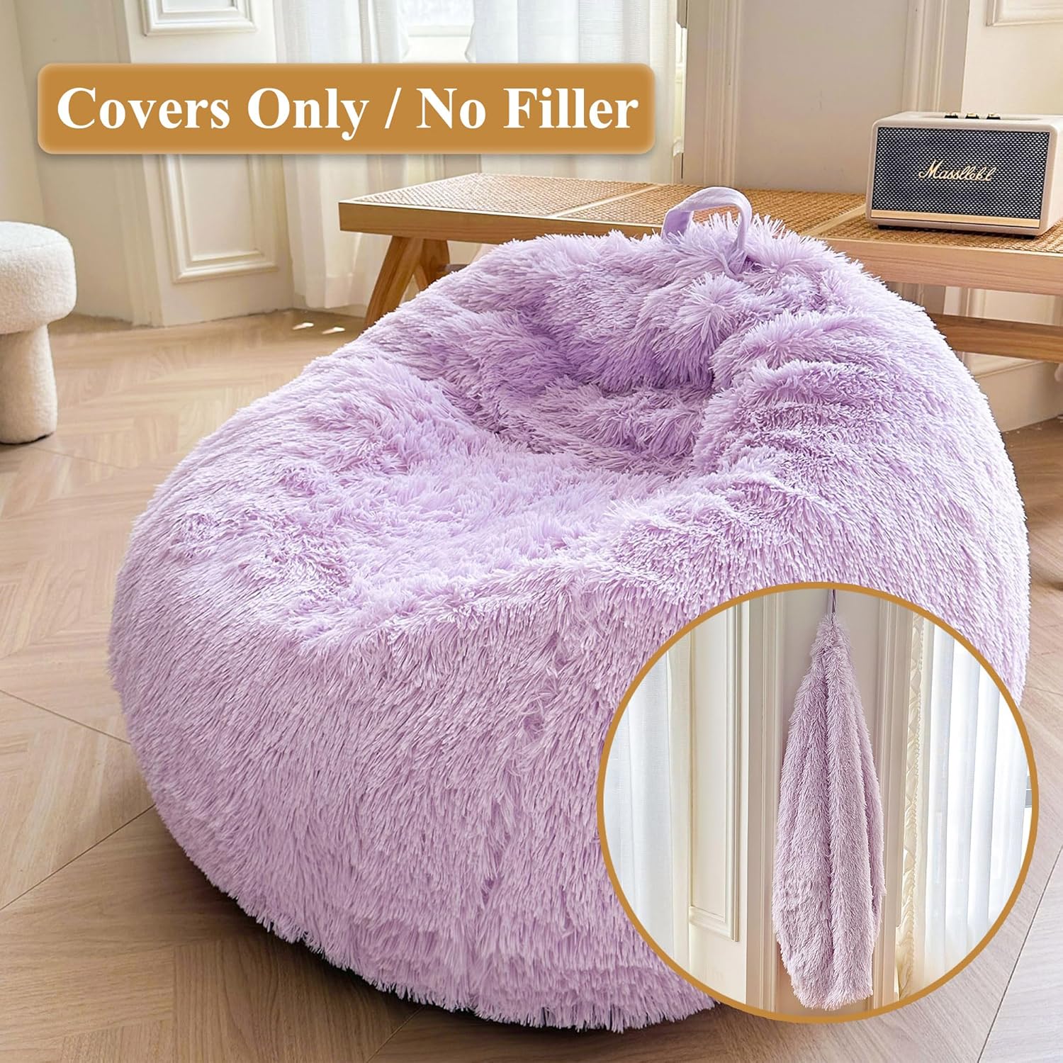 XeGe Faux Fur Comfy Bean Bag Cover for Living Room(No Filler), Fluffy Stuffed Animal Storage Bean Bag Chair Cover Light Purple, Furry Fuzzy Bean Bag Cover for Adults Kids Girls, Anti-slip, Lavender Lavender Large(38"x38"x40")