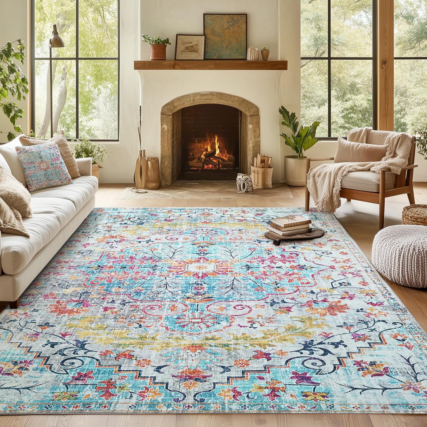 Mandala - Indoor Area Rugs 8x10 Washable, Stain Resistant Machine Washable Rugs for Living Room, Bedroom, and Modern House Décor - Durable Polyester Material, Colorful Patterned - Blue & Multi Color