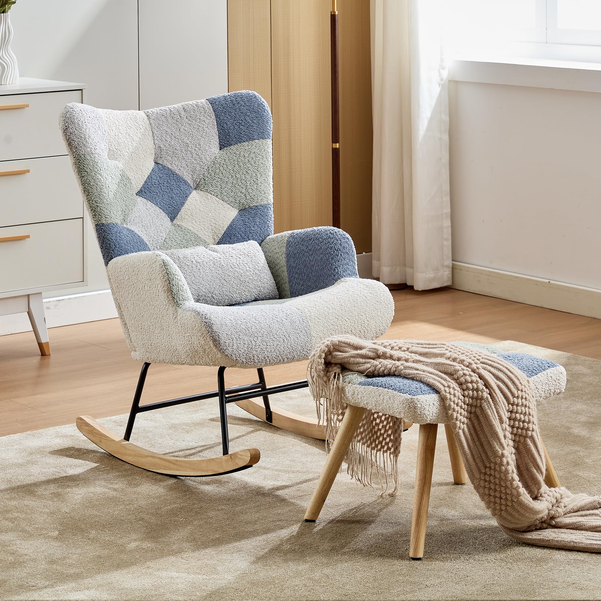 ModernLuxe Soft Rocking Chair with Footstool, Comfortable Nursing Chair with Wingback and Lumbar Pillow, Suitable for Relaxing Reading in Living Room, Patio or Yard, Teddy Fabric, Multicolour