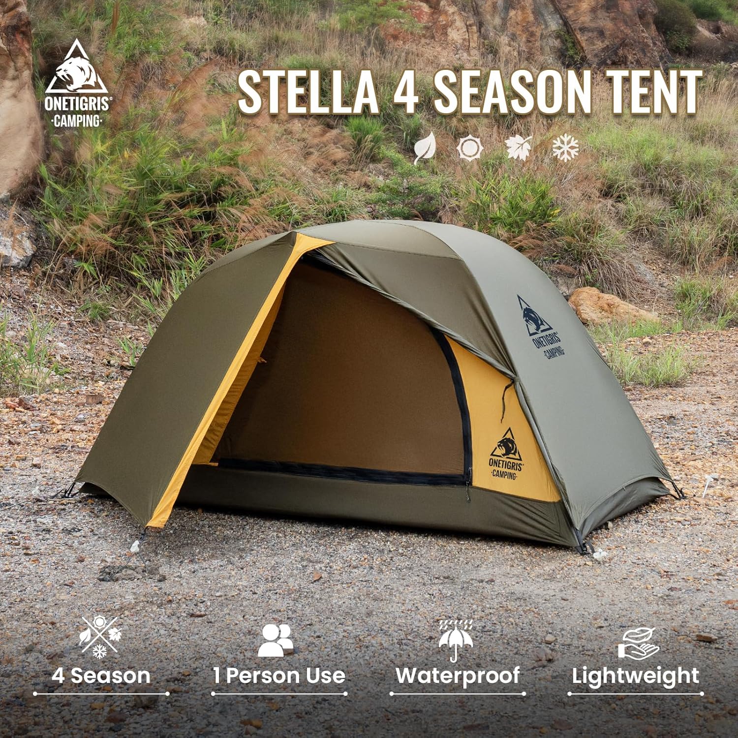 onetigris stella 4 season camping tent backpacking 2 person waterproof lightweight easy setup instant 3000mm waterproof rating outdoor hiking tent 1 person green