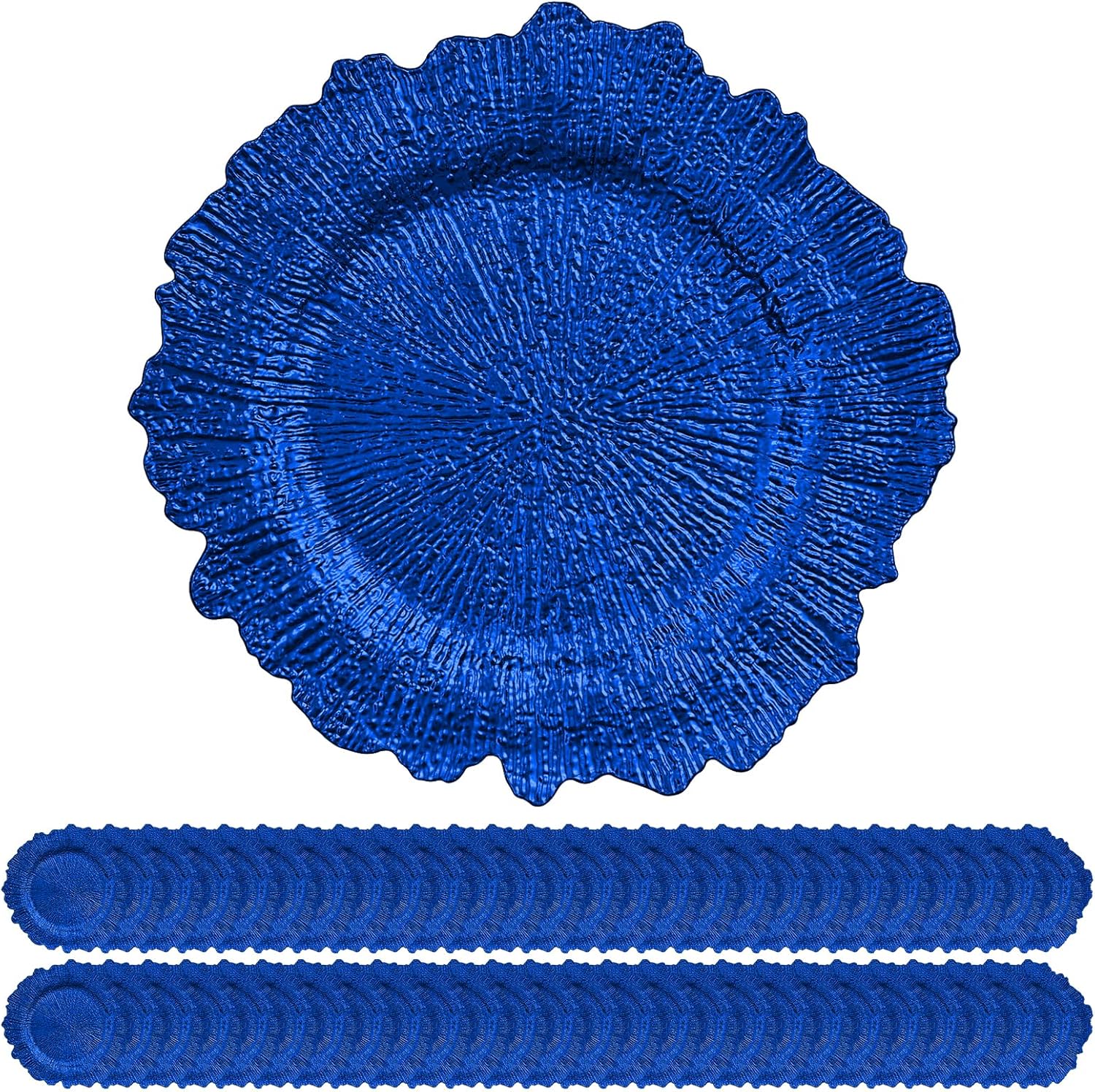 50 Pack Royal Blue Charger Plates Bulk, 13" Plastic Reef Chargers for Dinner Plates, Round Charger Plate with Floral Reef Design for Dinner Wedding Party Table Setting Decoration