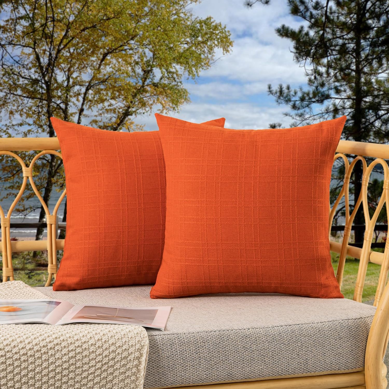 Kevin Textile Fall Pack of 2 Outdoor Waterproof Pillow Covers Checkered Decorative Cushions Sham Throw Pillowcases Shell for Patio Tent Garden Couch Bed Sofa 22x22 Inch Orange