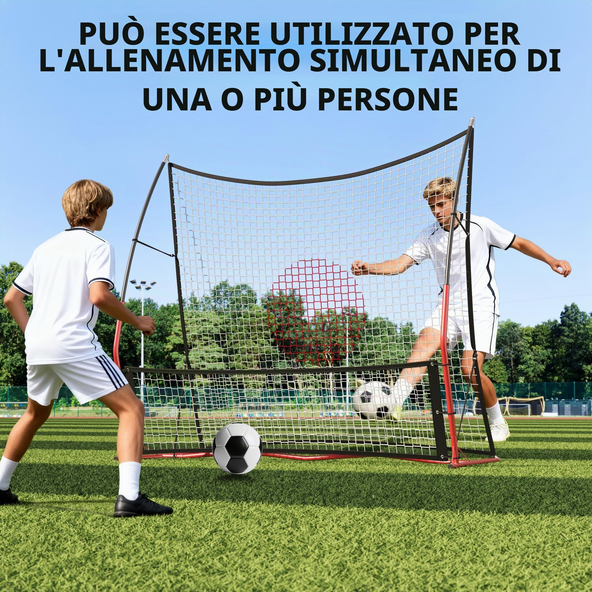 Rete da calcio rebounder 2-in-1 regolabile - Doppia superficie per allenamento passaggi e tiri - Ideale per pratica individuale e di squadra - Utilizzo indoor e outdoor - Include borsa