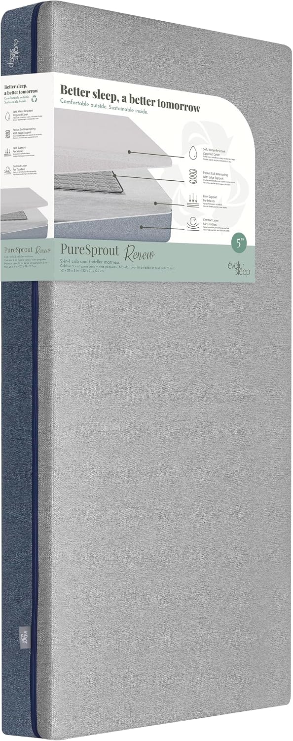 Evolur PureSprout Light 2-in-1 Crib Mattress, Dual-Sided for Infant & Toddler, Airlay Fiber Core, Washable Cover, GREENGUARD Gold & BSA Certified, Fits Full-Size Crib & Toddler Bed, 52" x 28" x 5"