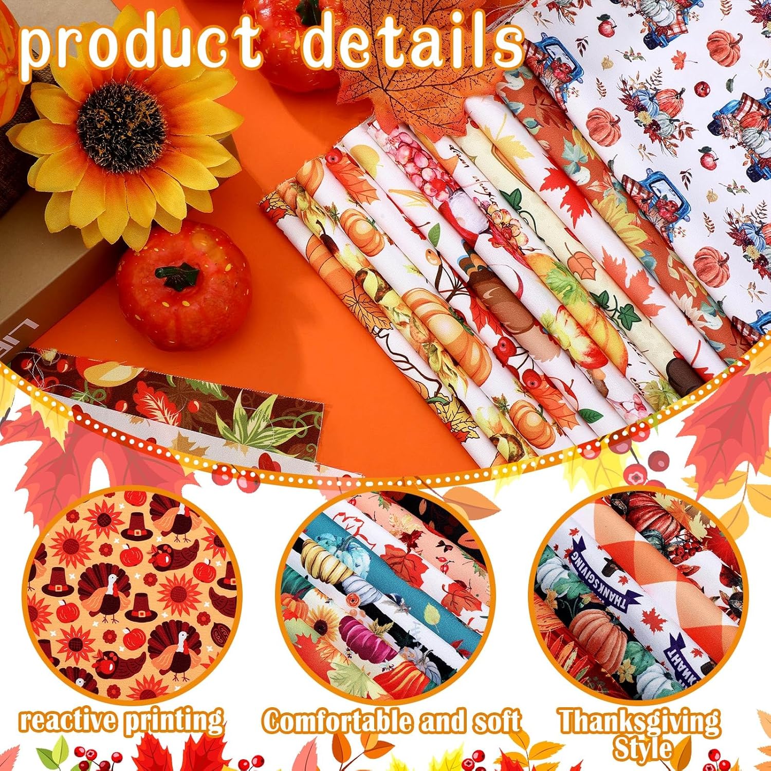 Ganeen 100 Pcs 10 x 10 Inch Thanksgiving Quilting Fabric Fall Fabric Squares Fall Pumpkin Quarter Bundles Scraps Maple Leaf Fat Sewing Patchwork for Thanksgiving Autumn DIY Craft Handmade Sewing