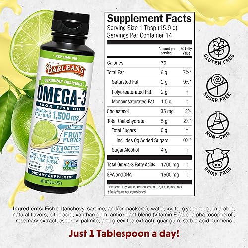 Miniatura 2 de Barlean's Key Lime Pie Suplemento líquido de aceite de pescado Omega 3 de alta potencia, 1500 mg de ácido graso EPA y DHA, sabor a batido y sin