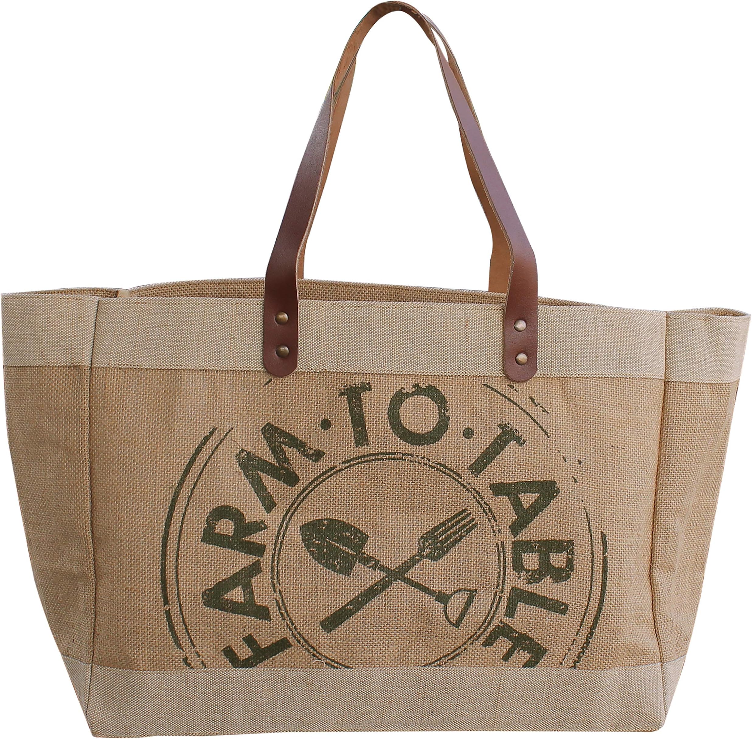 Earthwise Reusable Grocery Bag Shopping Tote Cotton Jute Burlap with Leather Handle - Water Resistant Laminated Inner Lining Great for Beach Picnics Farm to Table Print (Wide)