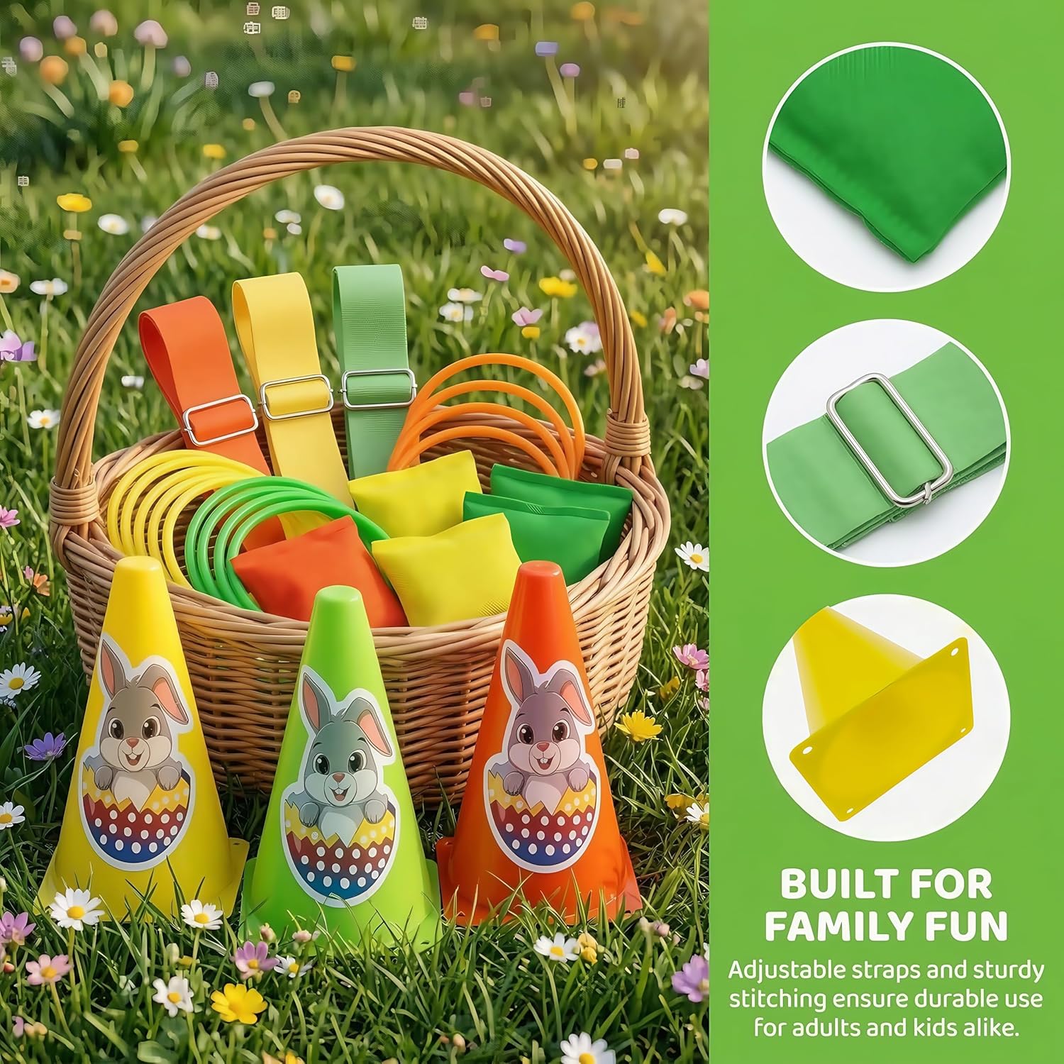 4-in-1 Plastic Carnival Party Games Set,Includes Ring Toss Games, Bean Bag Toss Games, Cones & 3-Legged Race Games, Sports & Outdoor Game Toys for Backyard, Birthday & Family Party