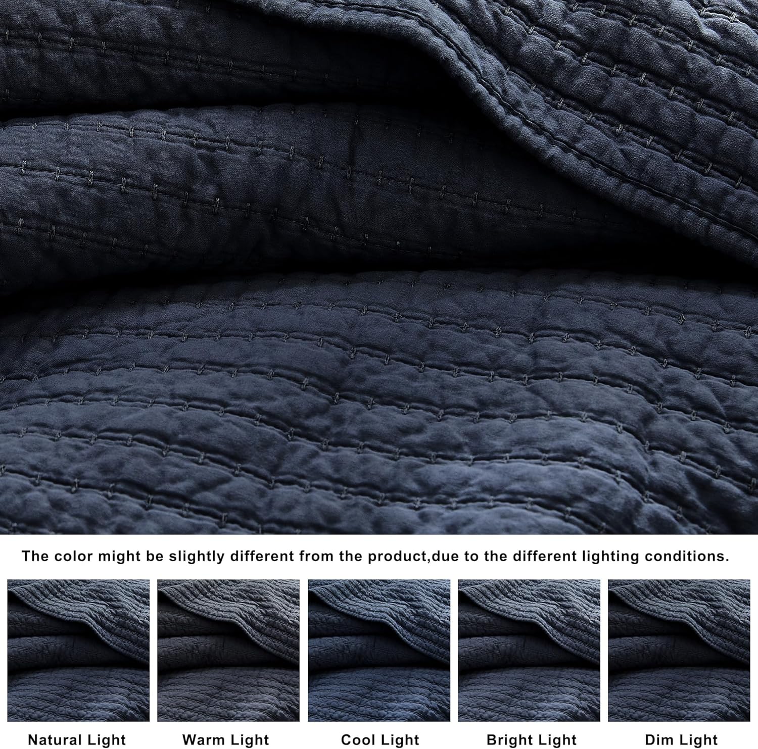 WDCOZY 100% Cotton Twin Size Quilt Set - Navy Blue Striped Pick Stitch Soft Lightweight Bedspread, Textured Like Linen, Farmhouse Country Rustic Coverlet, Shabby Chic Gauze Bedding, 2 Pieces - Image 3