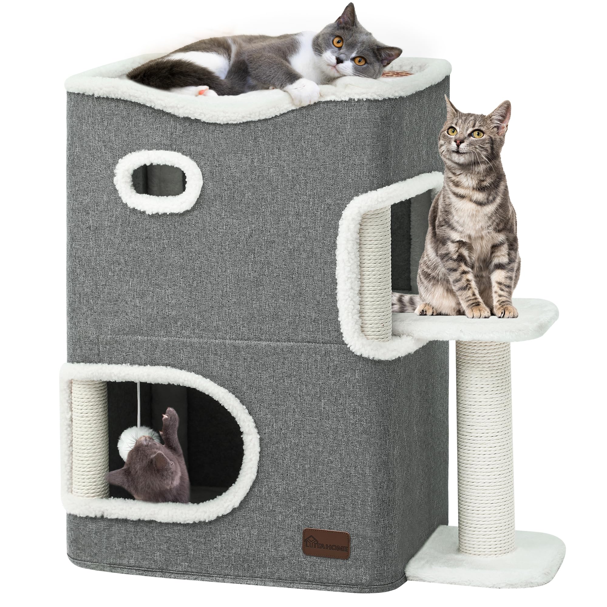 YITAHOME 2-Tier Cat House, Indoor Cat Cave Bed Playhouse, Covered Cat Beds & Furniture with Scratch Pad and Hideaway Cave, Cute Modern Cat Condo Furniture for Multi Small Cats, Grey