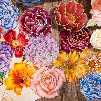 Knaid 80 Pieces Large Size Flower Stickers with Gold Holographic Outlines, Glitter Shiny Floral Waterproof Decorative Decals for Scrapbooking Supplies Junk Journal Bullet Journals Planners