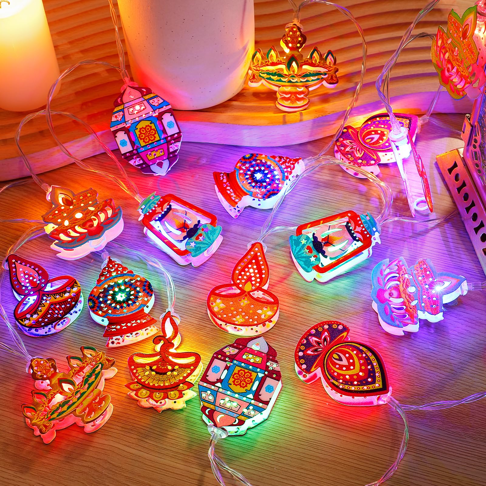 9.8ft Diwali Lights Decorations for Home - 20 LED Painted Multiple Patterns String Lights, Bright Curtain Lights for Indoor Outdoor Indian Wedding Party, 4 Colors Lighting