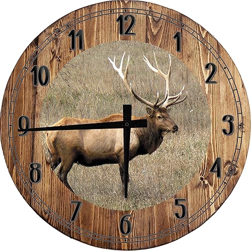 Elk Wall Art Bull Elk Enorme Rack Campo Abierto Grande Redondo Madera Reloj De Pared Decoración Pequeño 10 Pulgadas