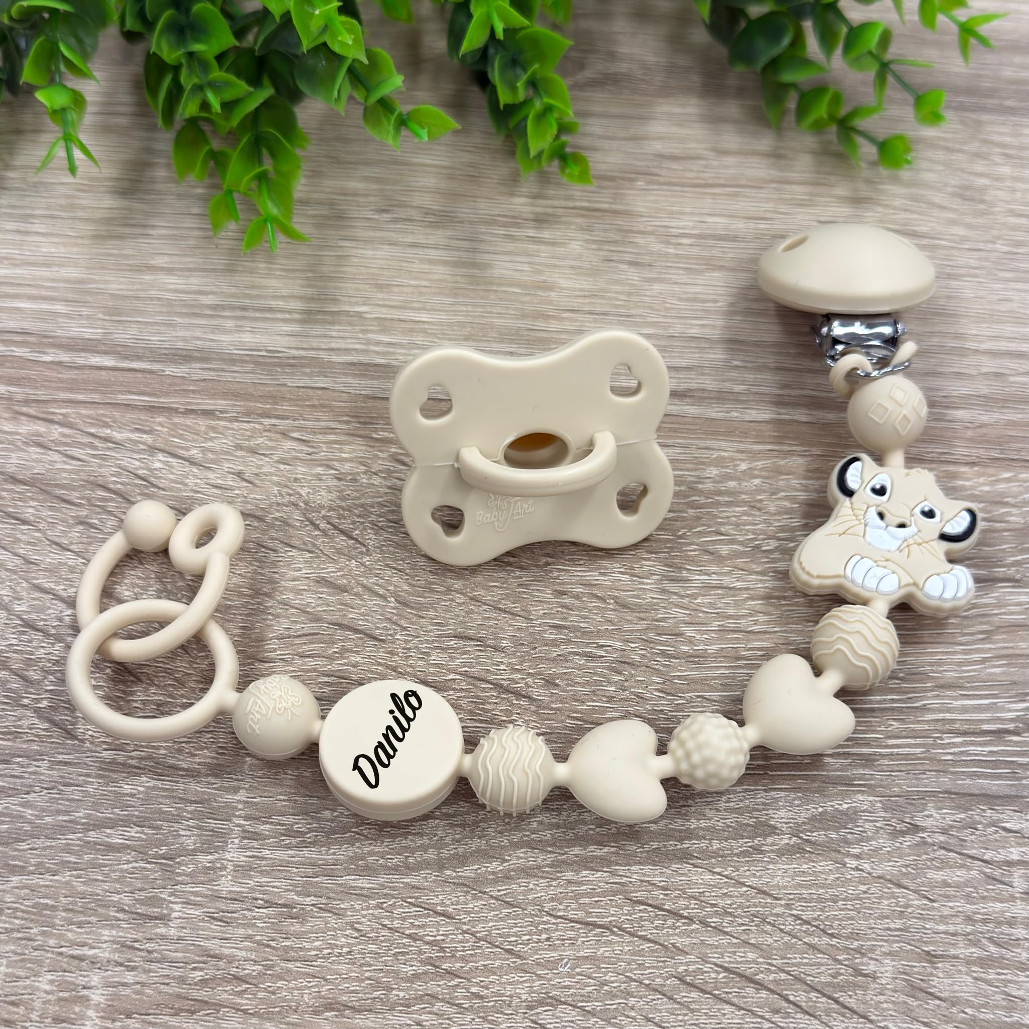 Cadena para chupete de silicona personalizada con nombre – Modelo Bubble Charm – Clip seguro – Idea regalo nacimiento – León
