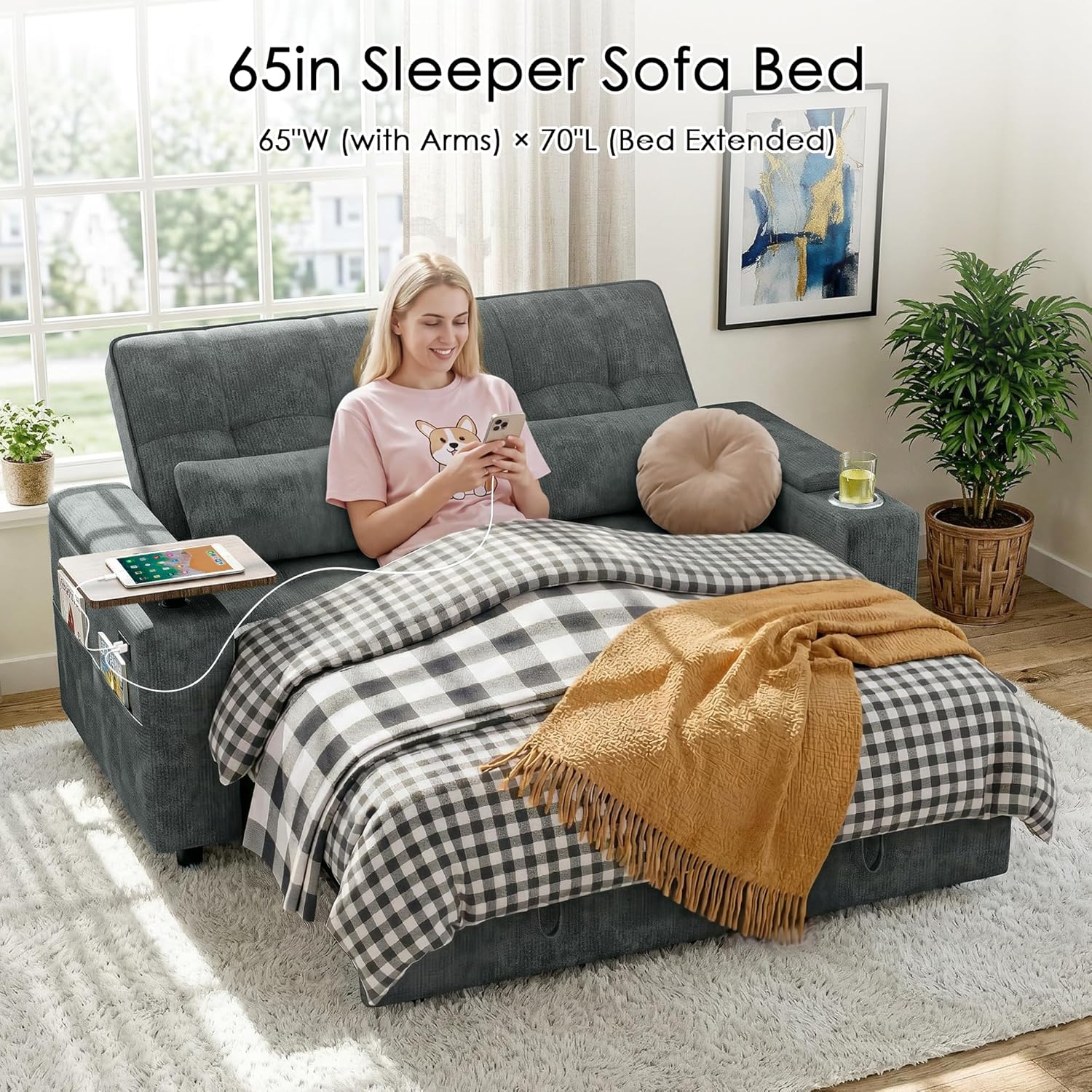 65in Sleeper Sofa Bed, 3 in 1 Pull Out Couch with Chenille Fabric Convertible Loveseat for LivingRoom and Apartment (Darkgrey) | Easy Assembly, Adjustable Backrest, Side Table, Built-in Charging, Cup Holder, Hidden Storage