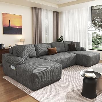 DURASPACE Boneless Cloud Couch, 126" U Shaped Sectional Couch for Living Room, Oversized Deep Seat Modular Sofa, Corduroy Cloud Couch with Chaise, No Assembly Required Gray