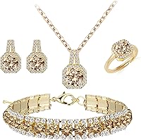 Paxuan 4PCS Cubic Zirconia Wedding Jewelry Set for Bride Bridesmaids - Gold Champagne Necklace Earrings Tennis Bracelet Adjustable Ring