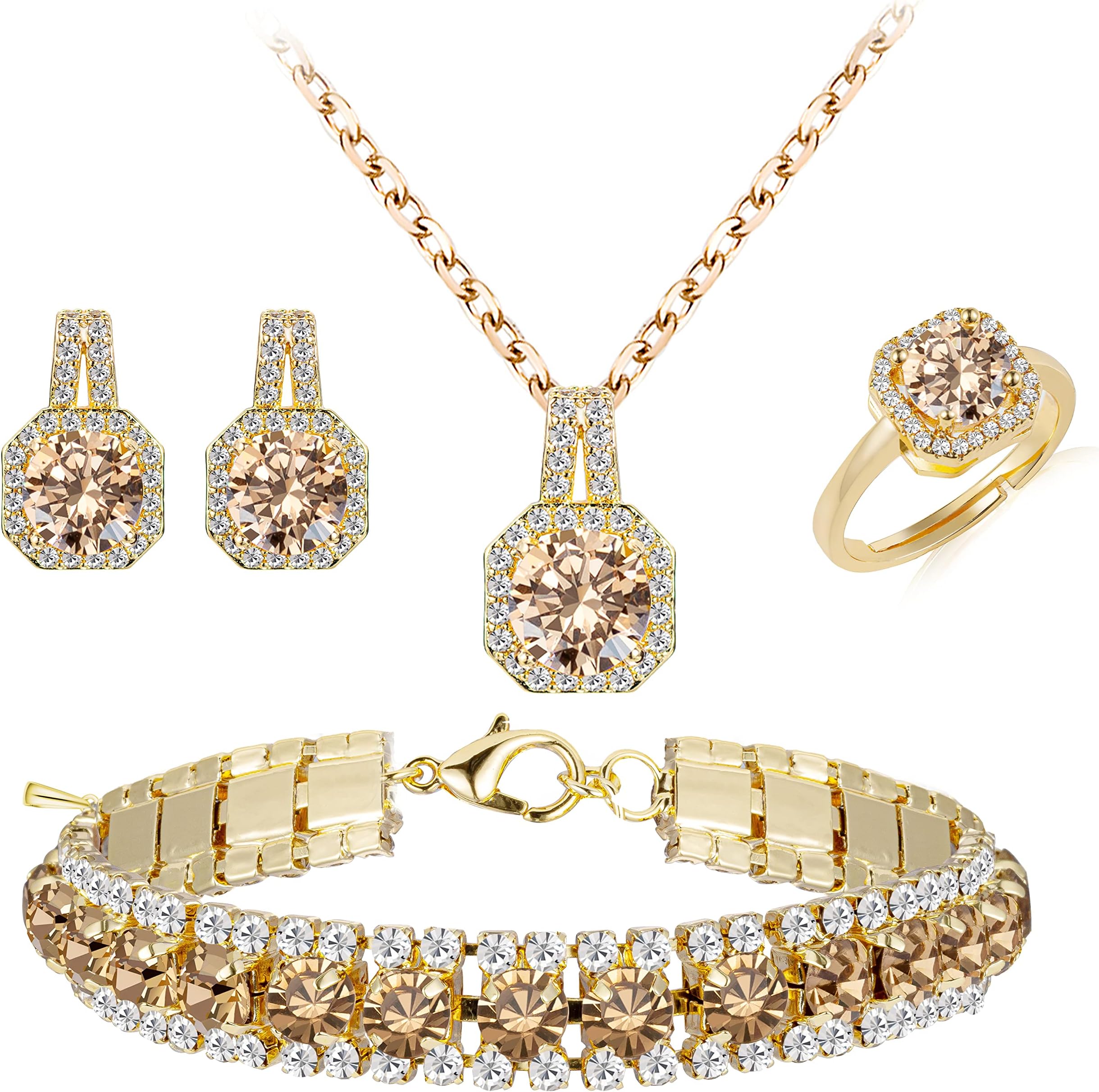 4pcs Cubic Zirconia Wedding Jewelry Sets for Bride Bridesmaid Cubic Zirconia Pendant Necklace Earrings Link Tennis Bracelet Open Ring Set for Women