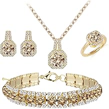 4pcs Cubic Zirconia Wedding Jewelry Sets for Bride Bridesmaid Cubic Zirconia Pendant Necklace Earrings Link Tennis Bracelet Open Ring Set for Women
