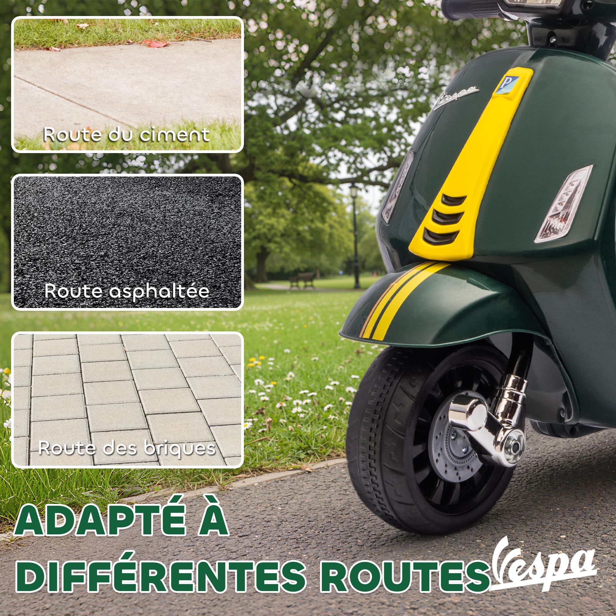 AIYAPLAY Moto Eléctrica para Niños 6V, Vespa con Licencia Oficial, con Ruedas de Aprendizaje de 17,5 cm, Velocidad 2,5 km/h, Faro y Bocina, para 2-6 Años, Verde Oscuro