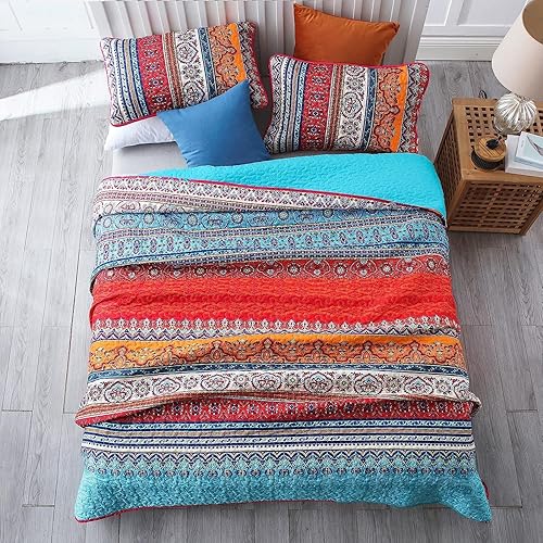 Vista 206 de WONGS BEDDING Juego de edredón bohemio tamaño Queen Aqua, juego de colcha de 3 piezas a rayas, de microfibra ligera y suave bohemia para todas