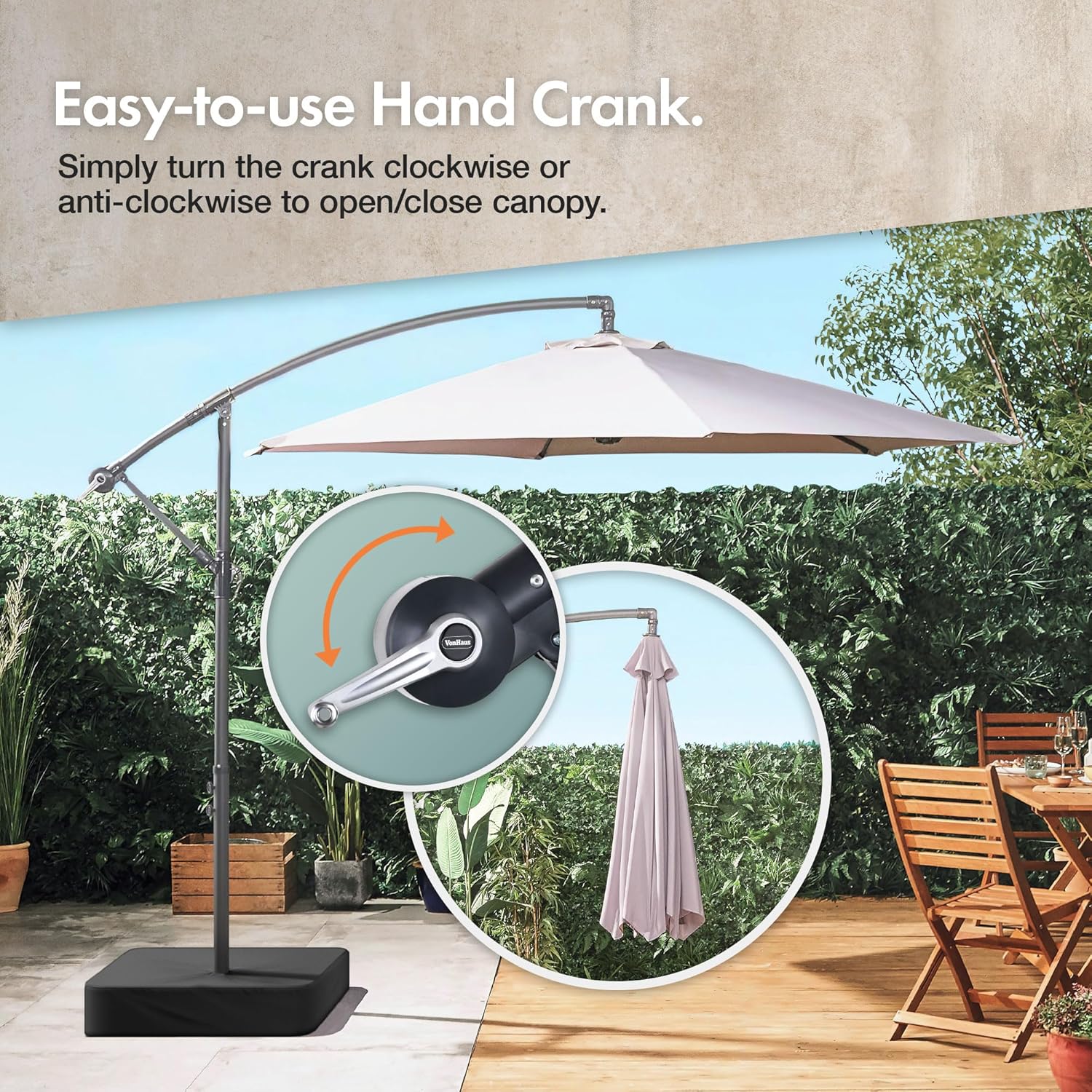 VonHaus Banana Parasol 3M – Cantilever Hanging Parasol Umbrella for Outdoor, Garden, Patio – Sun Shade Canopy with Hand Crank, Tilt & Rotate Function, UV30+ Protection, Air Vent, Steel Frame