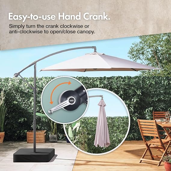VonHaus Banana Parasol 3M Cantilever Hanging Parasol Umbrella for Outdoor, Garden, Patio Sun Shade Canopy with Hand Crank, Tilt & Rotate Function, UV30+ Protection, Air Vent, Steel Frame