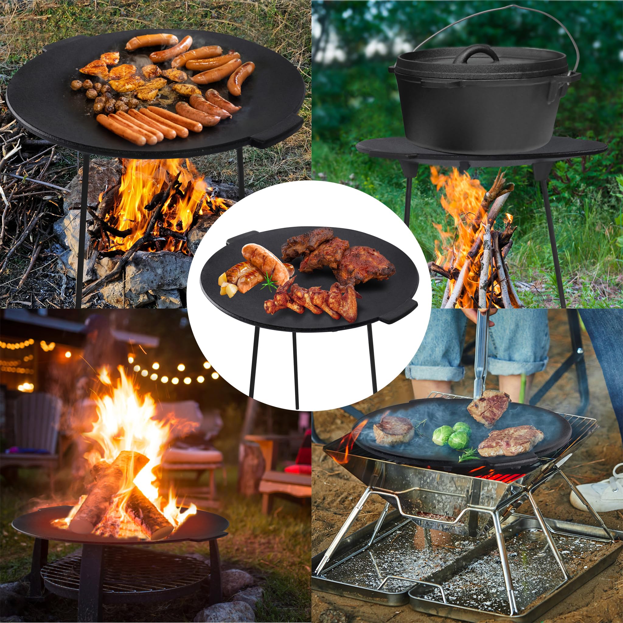 ACXIN Płyta grillowa z 3 nogami, patelnia grillowa Ø 45 cm, okrągła patelnia, wyprodukowana z żeliwa, wytrzymała i odporna na wysokie temperatury, dostarczana z przenośną torbą do przechowywania