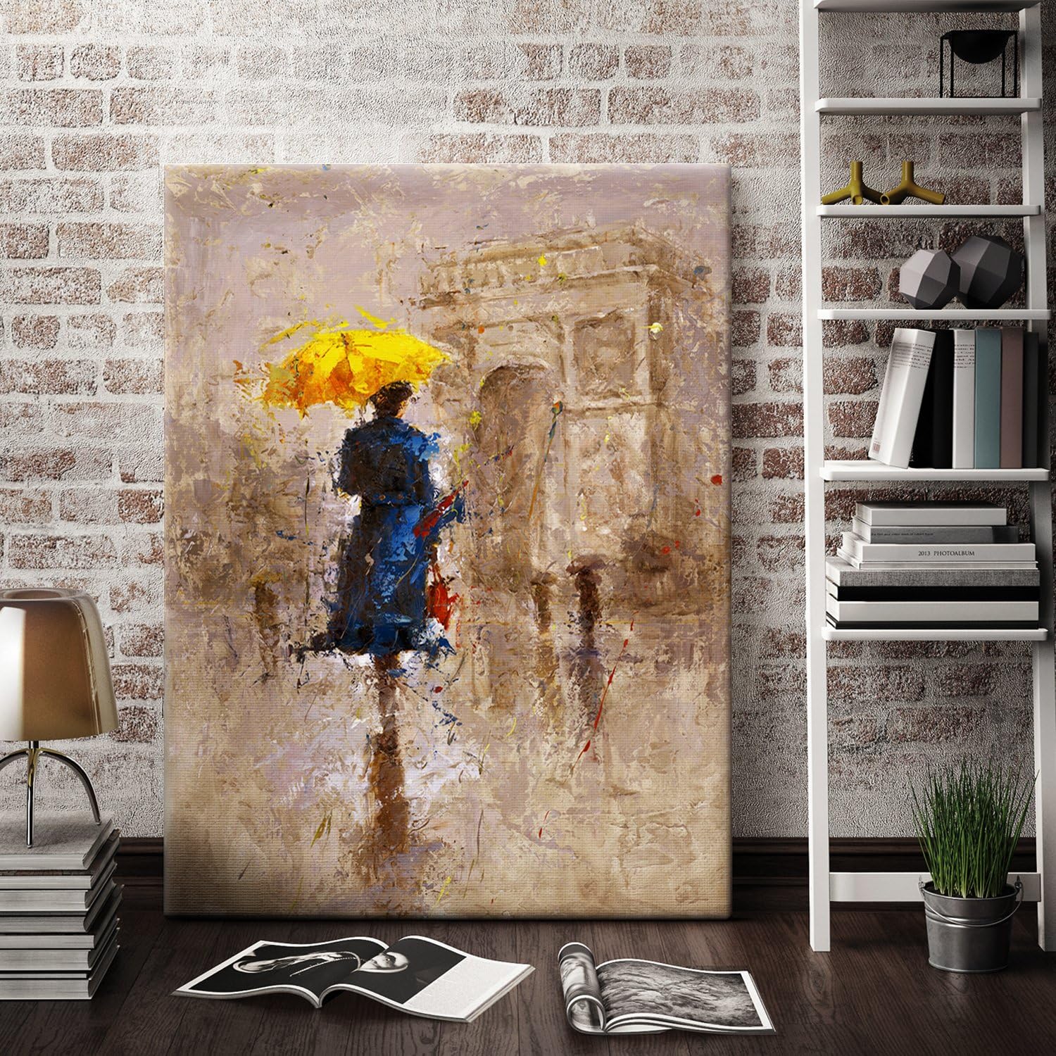 Canvas Wall Art- Canvas Print 24x36" Large Size "Yellow Umbrella Walking on Paris" Modern Landscape Oil Paintings Picture Artworkst for Wall Decor & Home Decoration -P1L010-6090