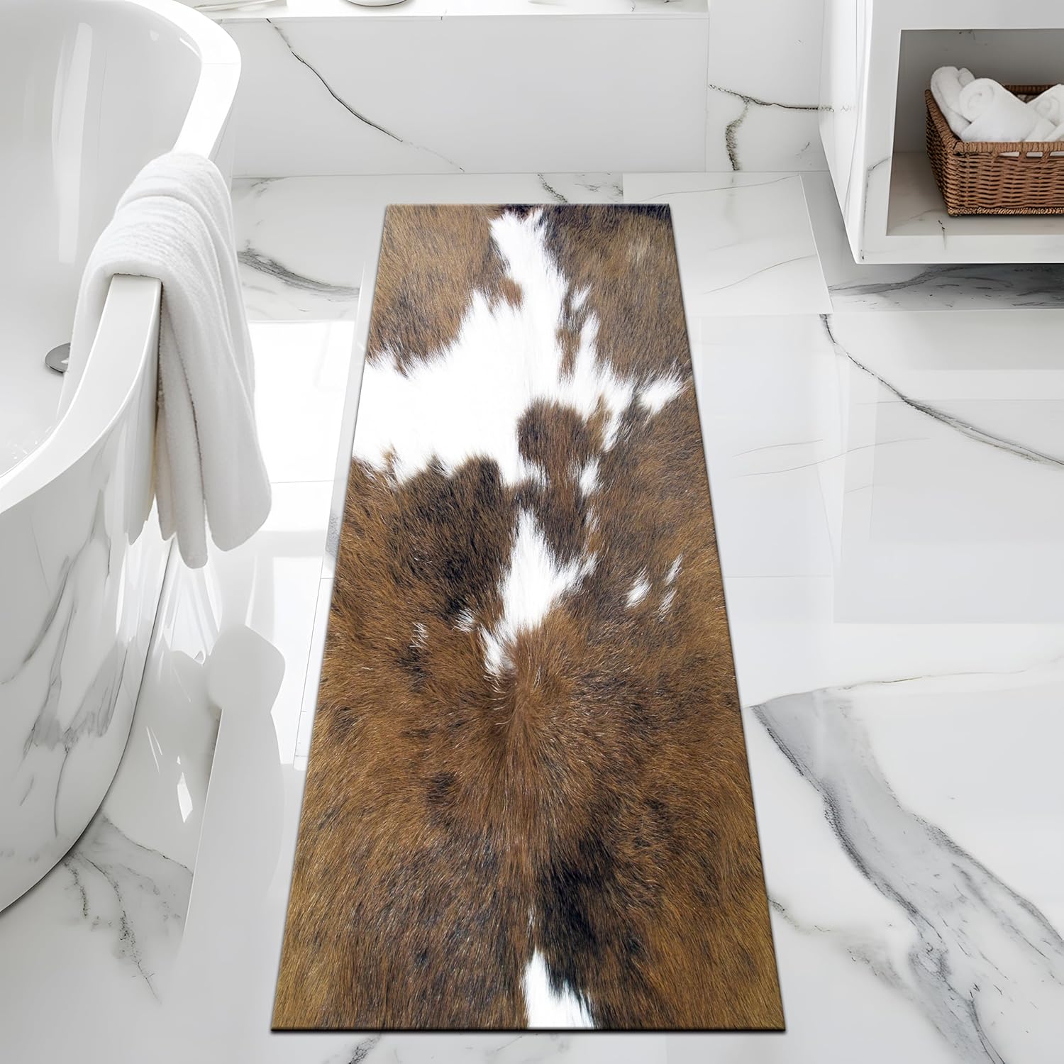 Cow Print Bathroom Rugs Long Cowhide Bath Mats White Brown Western Bathroom Decor Absorbent Non Slip Bath Rug with Rubber Backing for Home Laundry 17X47 Inch (White Brown, 17X47 Inch)