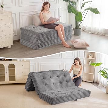MAXYOYO Folding Sofa Couch Bed, 6 Inch Tri-Fold Floor Sofa Bed, Folding Mattress with Handles, Soft Faux Fur Folding Bed with Supportive Foam Filling, Portable Couch for Living Room, Queen, Grey