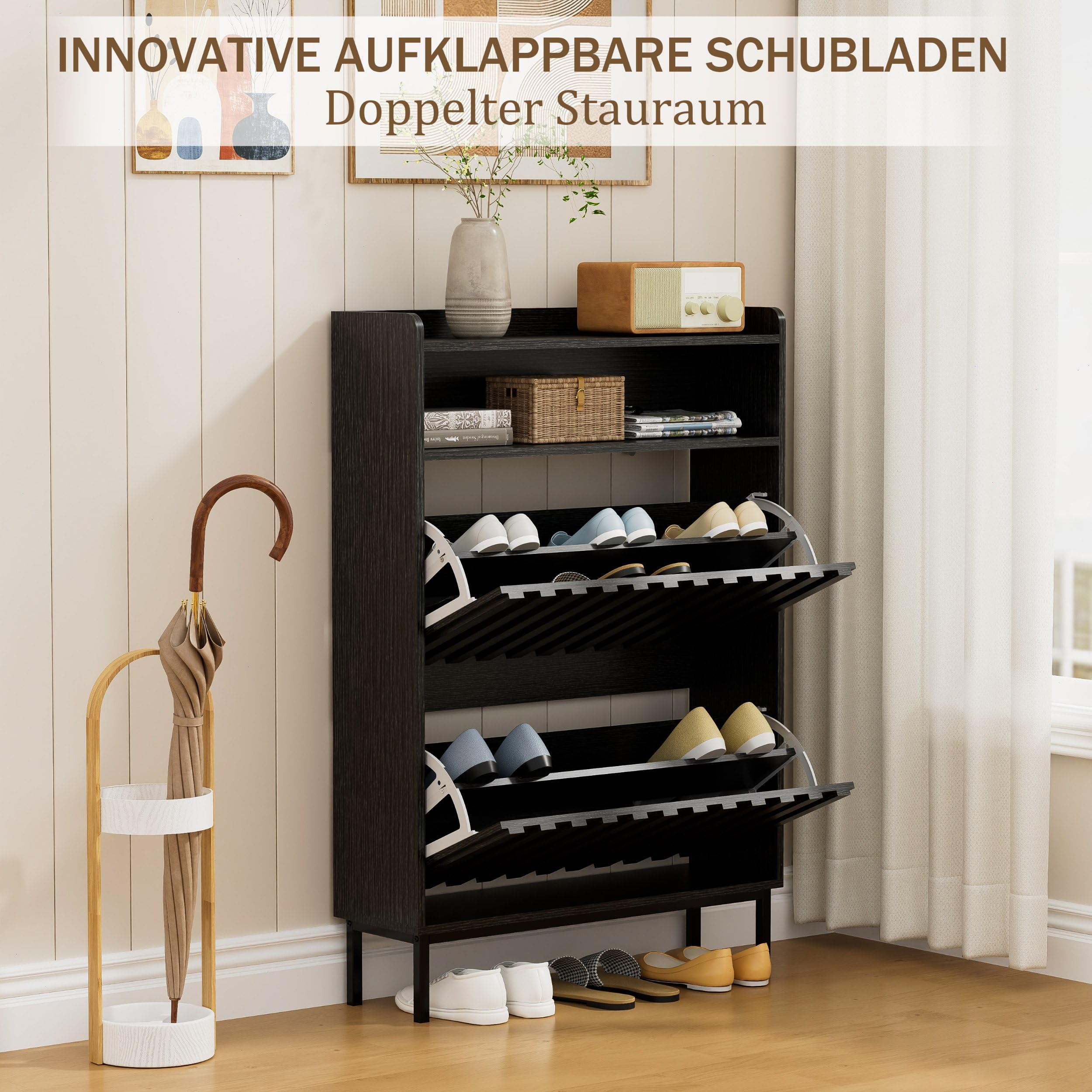 UEV Schuhschrank mit 2 Klappen Schmal, Schuhkipper für Flur Wohnzimmer, Schuhkommode mit Kippschutz, Schuhaufbewahrung, Verstellbare Trennwände für Verschiedene Schuhtypen Schwarz