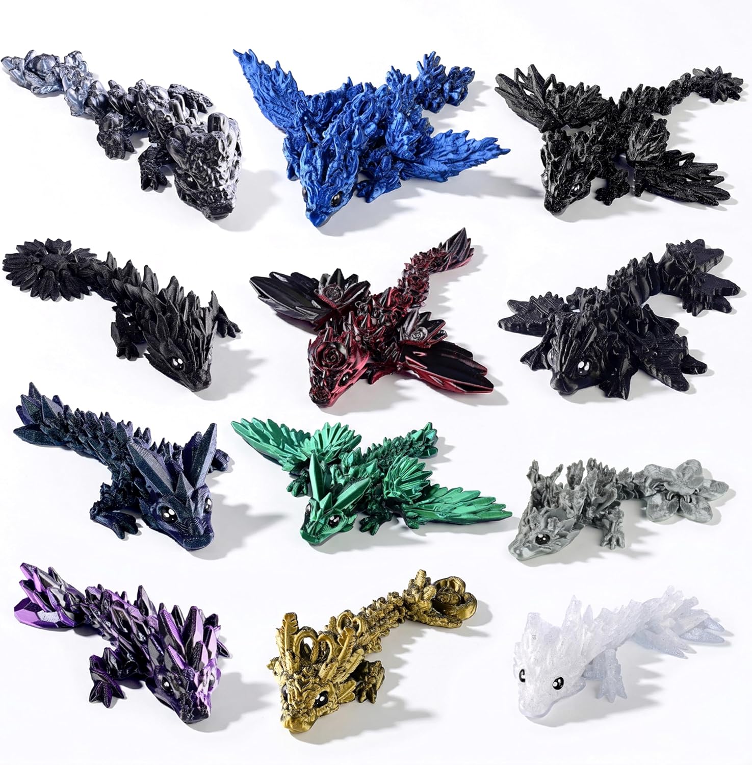 12PCS 3D Printed Dragon Set – Black Series Articulated Crystal Dragons, Cool Fidget Toys & Desk Decor, Unique 3D Printed Animals, Vibrant Gift for Teens, Adults, Party Favors