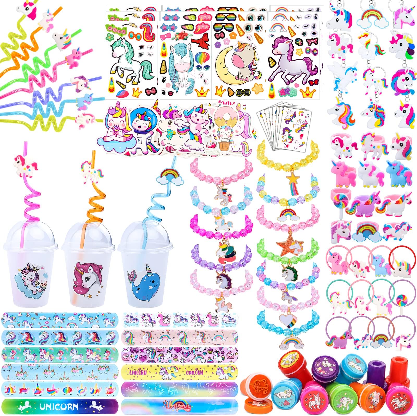 220Pcs Unicorn party favors, Unicorn party supplies for kids, Unicorn Theme Birthday party decoration party favors Pack with Unicorn bracelet, Tattoos for Unicorn goodies bag Fillers Carnival Prizes,