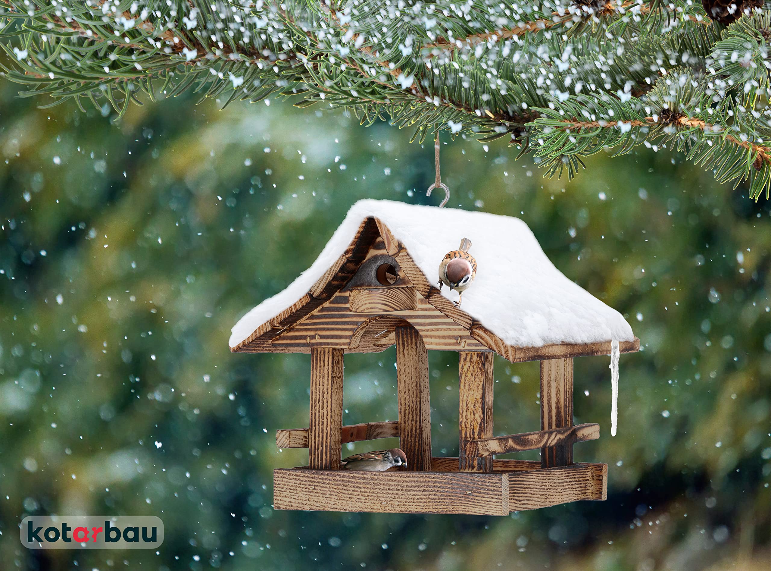 KOTARBAU® Mangiatoia per Uccelli Da Esterno - 22x26x22 cm - Legno Bruciato Chiaro - Casetta per Uccelli - Selvatici - Design Naturale - Mangiatoia In Legno - Giardino e Balcone