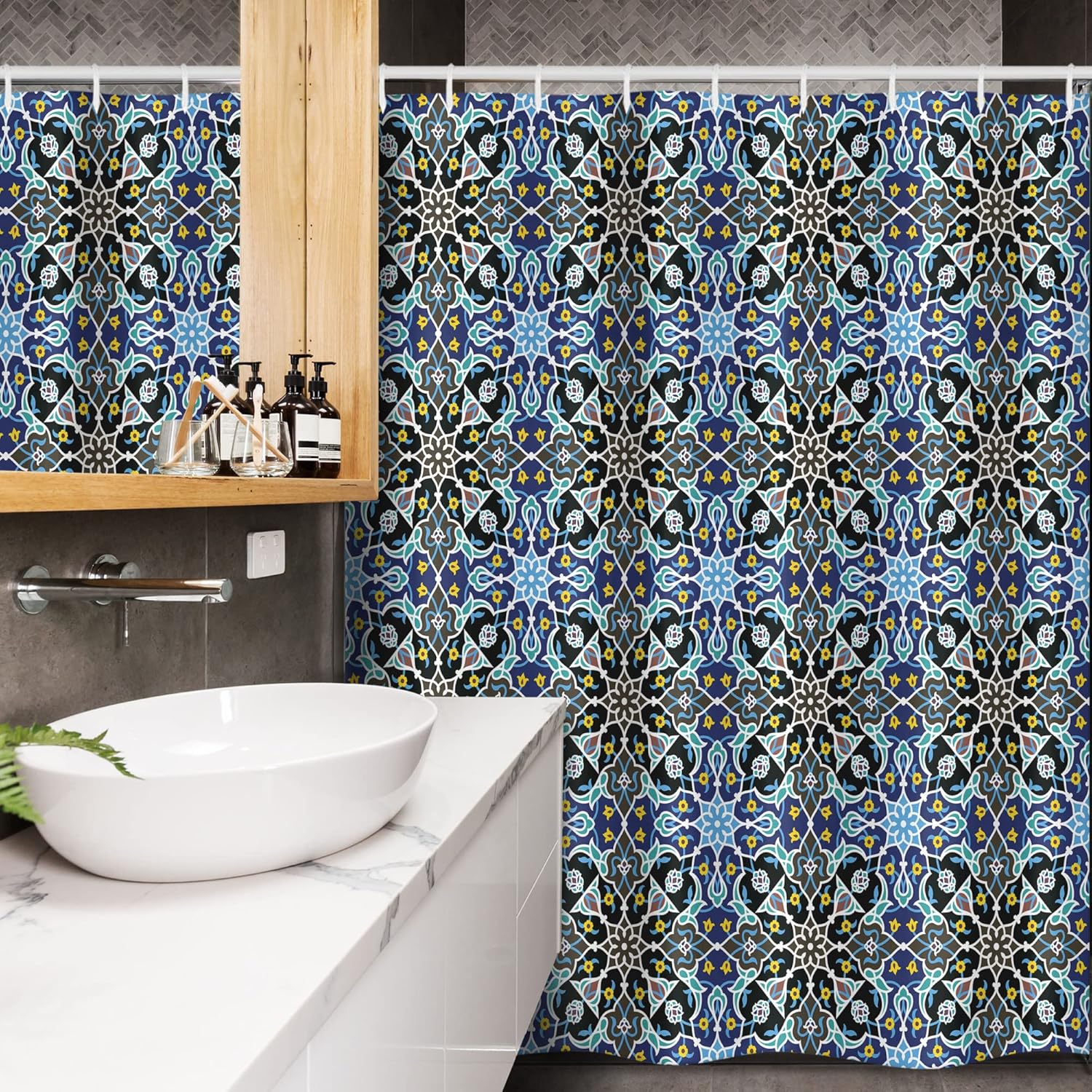 Ambesonne Moroccan Stall Shower Curtain, Bohemian Eastern Pattern with Interlacing Lines Historical Roman Influences, Fabric Bathroom Decor Set with Hooks, 54" W x 78" L, Royal Blue