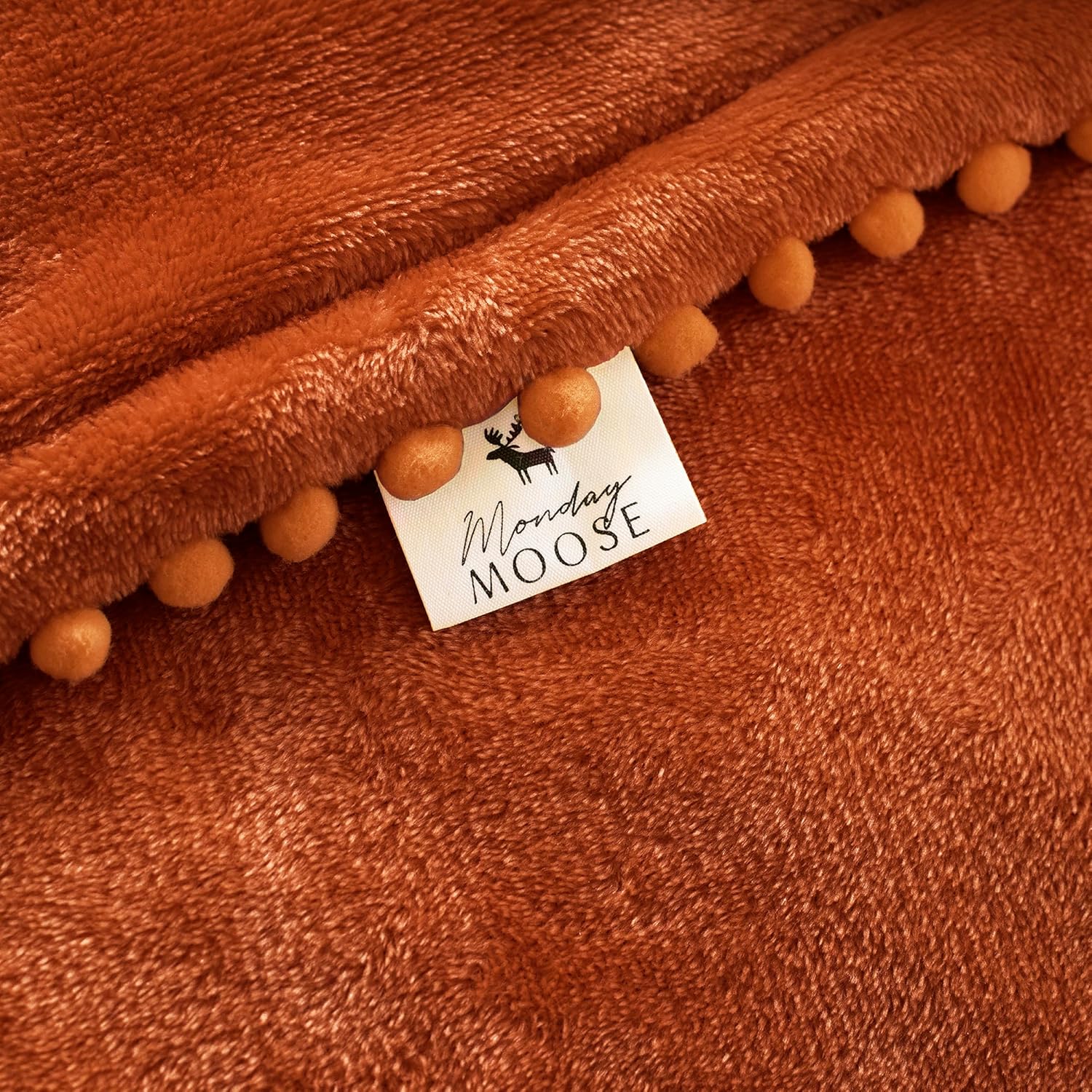 MONDAY MOOSE Cozy Fleece Throw Blanket with Pom Pom Fringe, Super Soft Lightweight Blanket, Double-Sided Designs, for Couch Bed Sofa Home Decor (50x60 inch, Burnt Orange/Light Orange) - Image 9