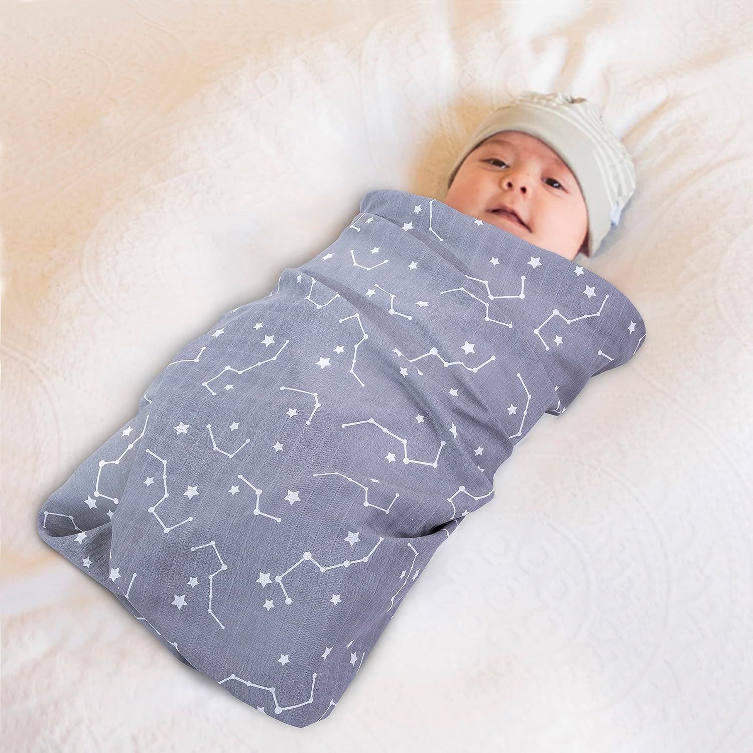 Little Grape Land Muslin Swaddle Blankets 47''x47'' 3 Pack, 100% Cotton Large Size Baby Swaddles for Newborn, Soft Breathable Baby Blankets for Newborns, Stars/Grey - Image 3