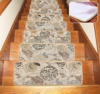 Seloom Washable Non-Slip Stair Treads Carpet with Skid Resistant Rubber Backing Specialized for Indoor Wooden Steps (25.5x9.5 Inch, 13Pieces, Beige（Flower）)