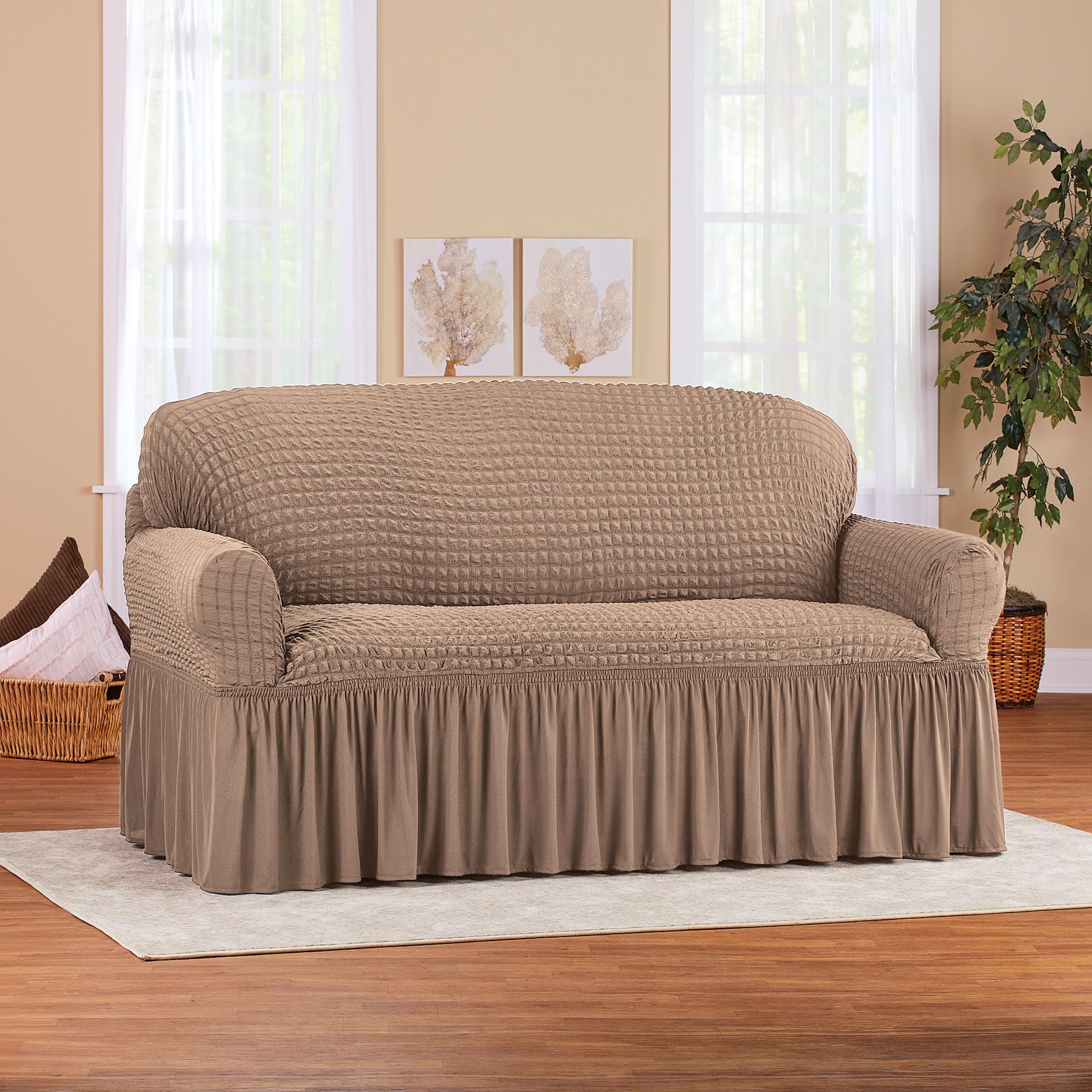 Collections Etc Textured Squares Ruffled Slipcover Taupe Loveseat