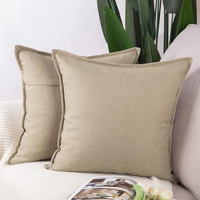 Madizz Set of 2 Linen Cushion Covers 24x24 Inch Light Taupe Soft Decorative Throw Pillow Cases for Sofa Bedroom Pillow Shell