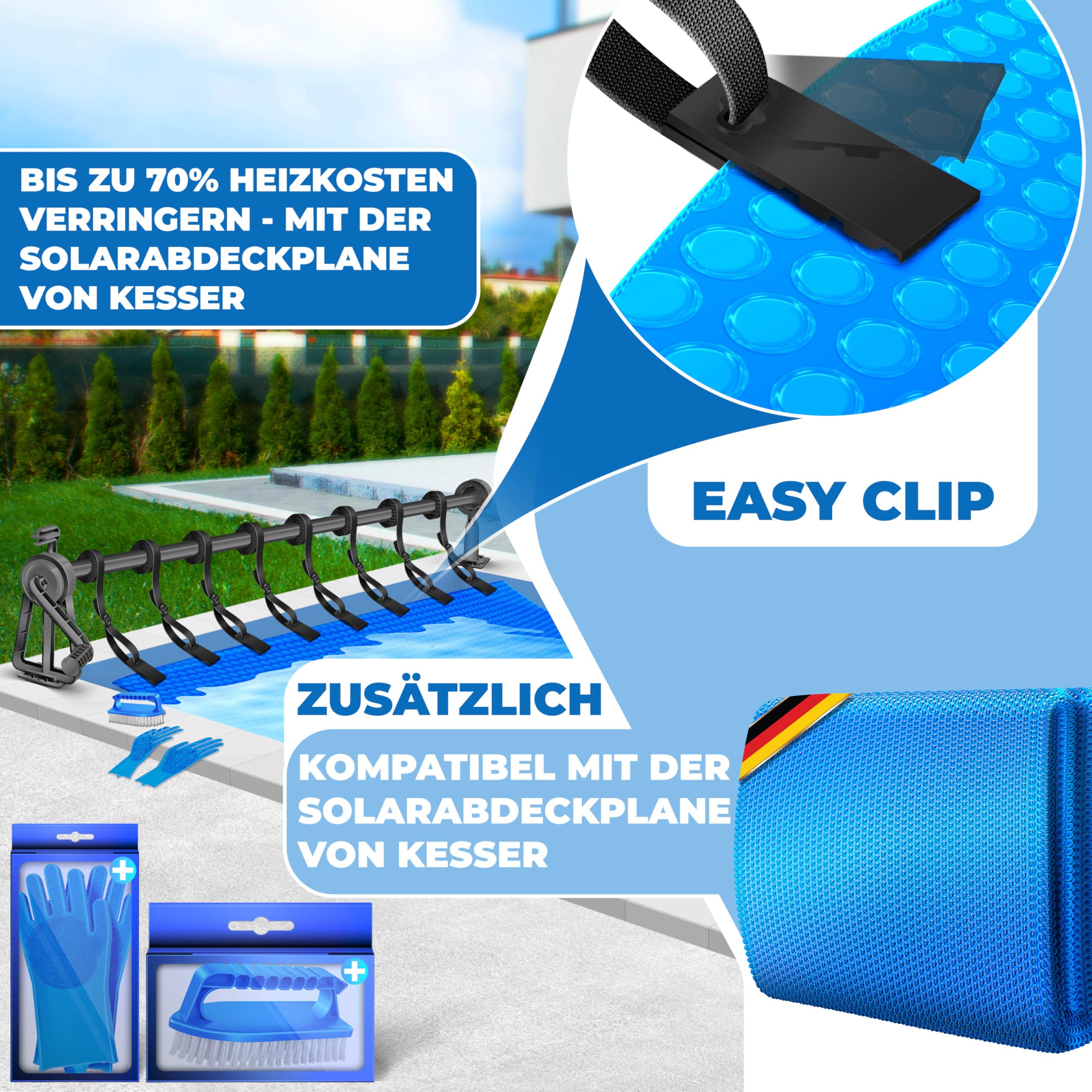 KESSER® Pool Aufroller Premium Aufrollsystem 1,05m - 6,15 m für Solarplane | mobiles Aufrollvorrichtung für Poolplane & Abdeckung inkl. Bänder, Bürste & Handschuhe | witterungsbeständiges Material