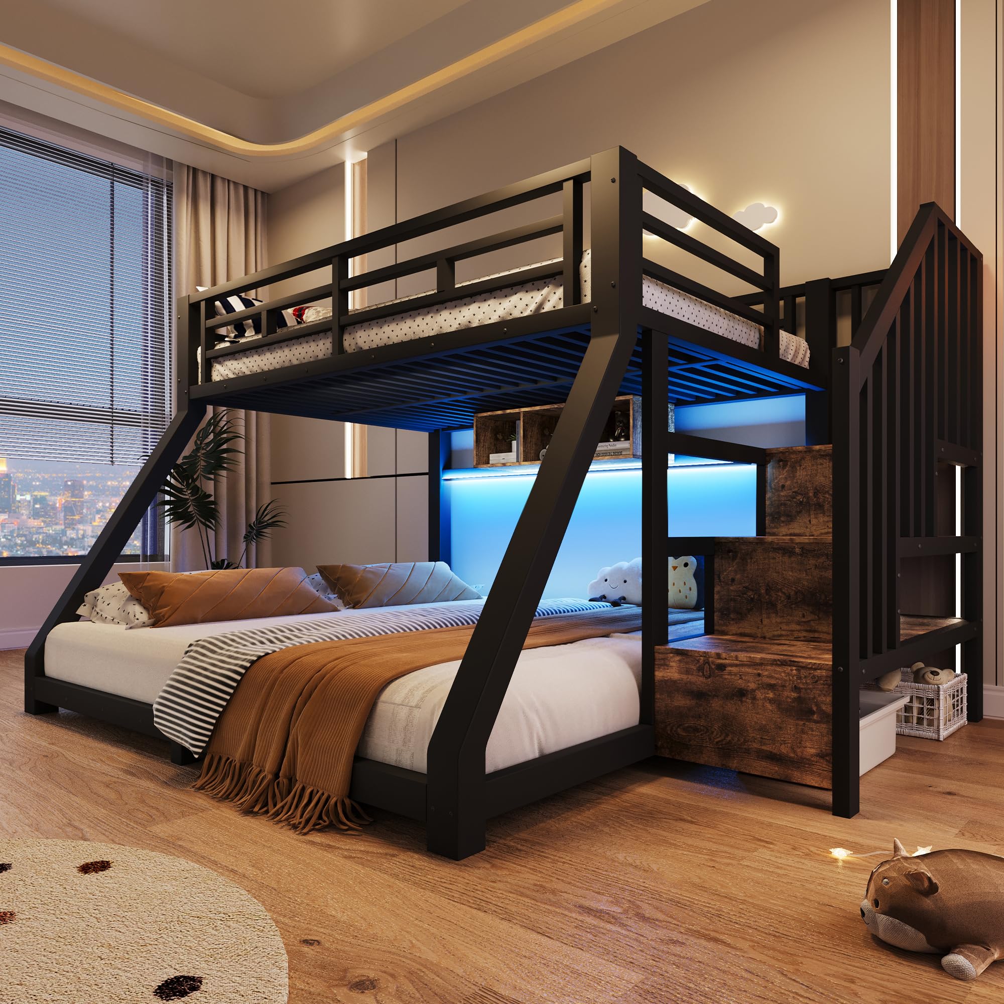 Letto a castello con luci a LED,Letto superiore 90×200 cm,Letto inferiore 140×200 cm,con 3 vani contenitore,Materiale metallico con scaletta contenitore,guardrail e pediera,Nero (Senza materasso)