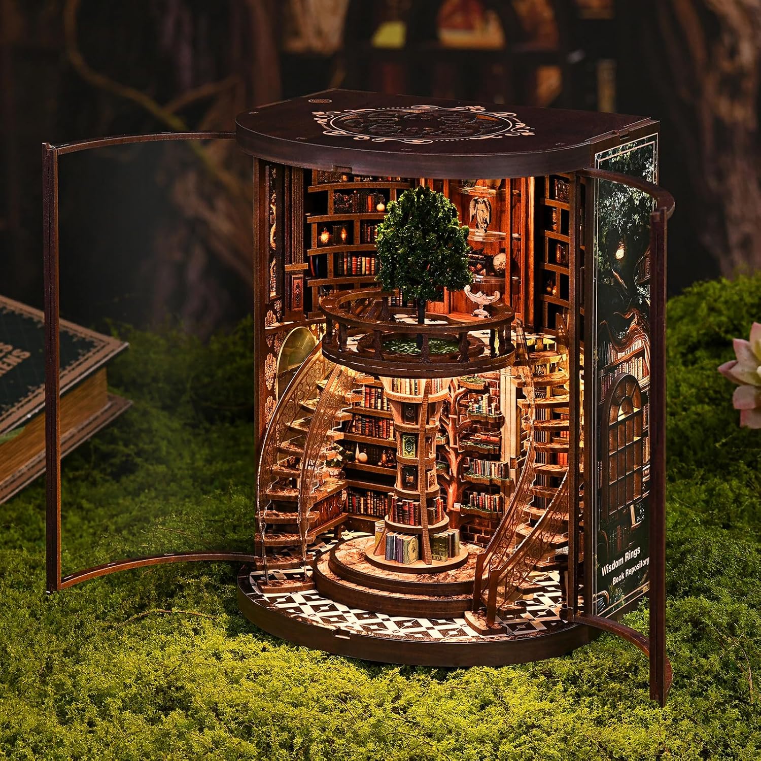 ACOCO Classical Library Book Nook Kit - 3D Wooden Puzzle with LED Light – DIY Miniature Bookshelf Decor, Craft Gift for Adults and Teens (Wisdom Rings Book Repository)