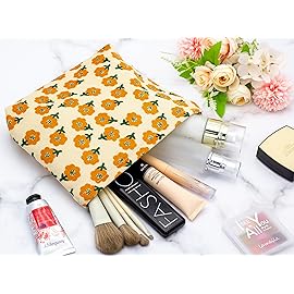 PAZIMIIK Makeup Bag Large Zipper Corduroy Make Up Pouch for Purse Travel Canvas Cosmetic Organizer for Women Brush Storage,Flower Yellow