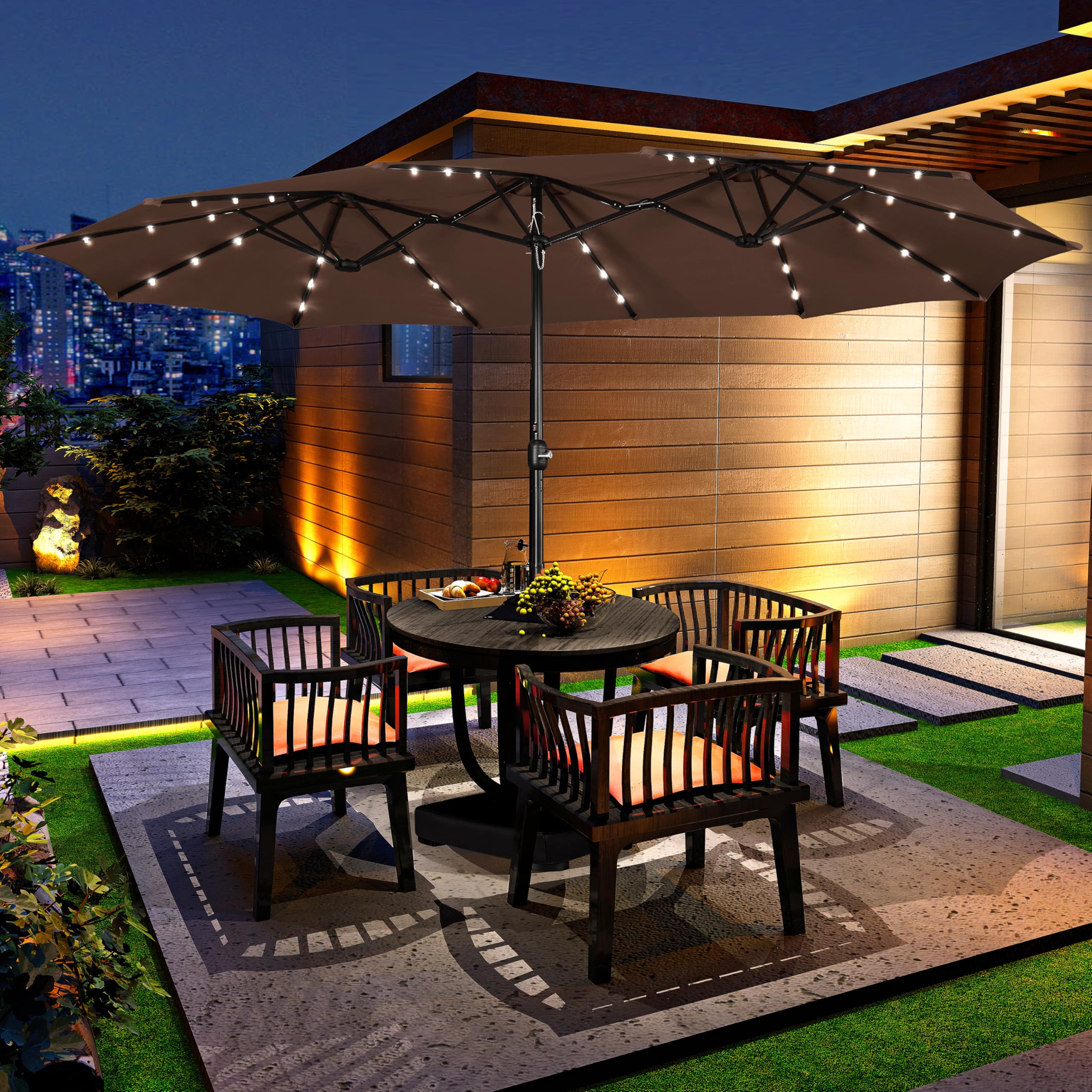 Amazon.com : Yaheetech 15 ft Large Patio Umbrella with Solar Lights  Double-Sided Outdoor Rectangle Market Umbrellas with 36 LED Lights/Base  Included/Easy Crank for Patio Garden Yard Pool Lawn, Brown : Patio, Lawn