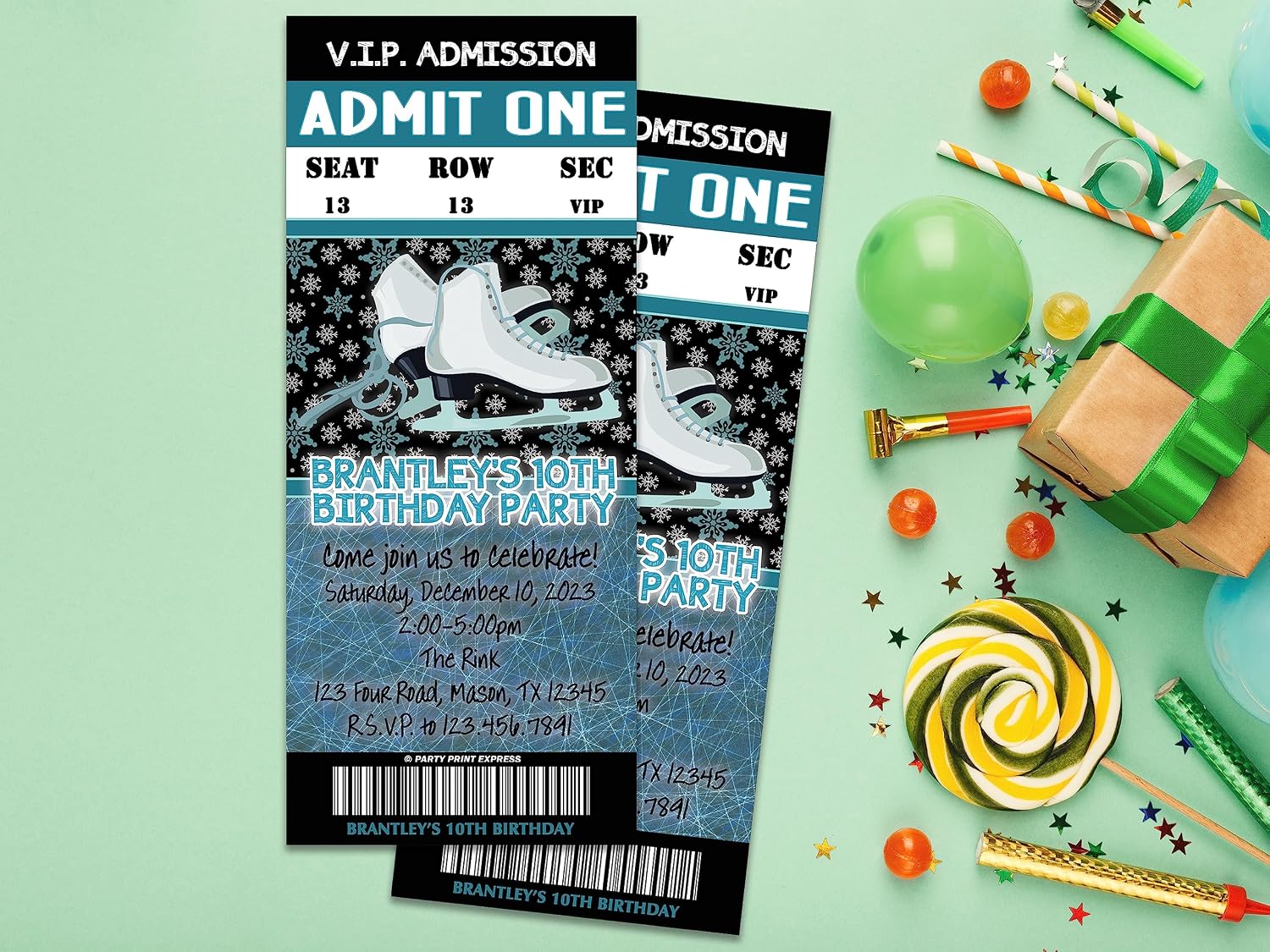 Ice Skating Birthday Invitations Glitter Admission Ticket VIP Pass Party Invites, Boy, Girl, Blue Pink, with Envelopes Personalized
