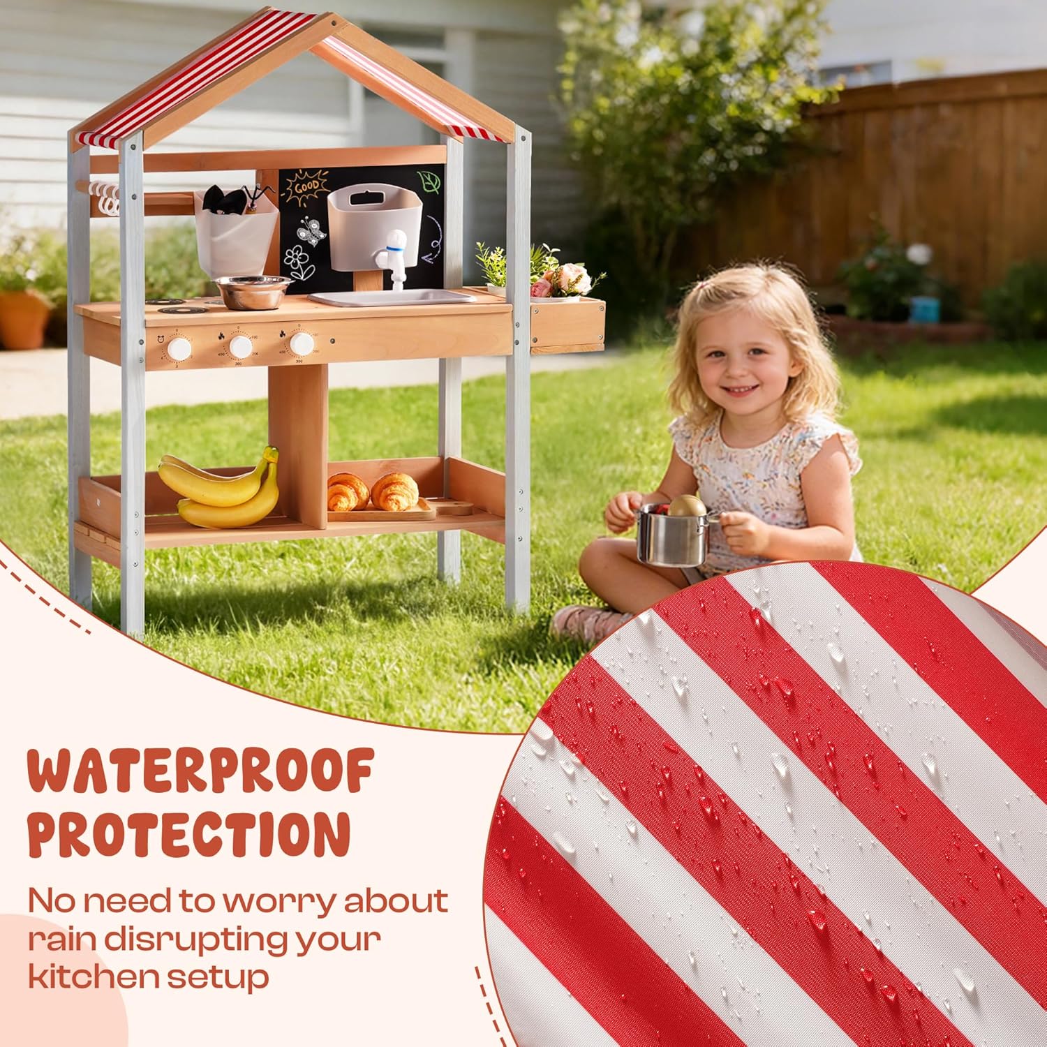 ROBOTIME Mud Kitchen for Kids Outdoor with Canopy, Wooden Outdoor Play Kitchen with Sink, Stove, Chalkboard & Storage, Backyard Garden Pretend Play Kitchen Toy for Boys & Girls